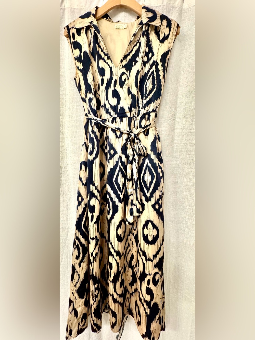 Hallie Midi Dress / Sleeveless Navy and Cream Ikat / Size S - Picture 6 of 7
